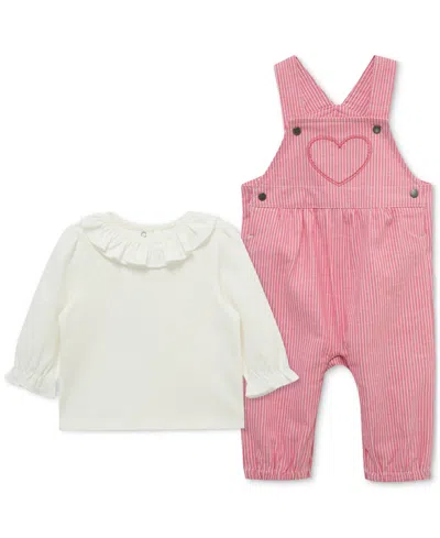 Little Me Baby Girls Ruffled Top & Heart Overall, 2 Piece Set In Pink