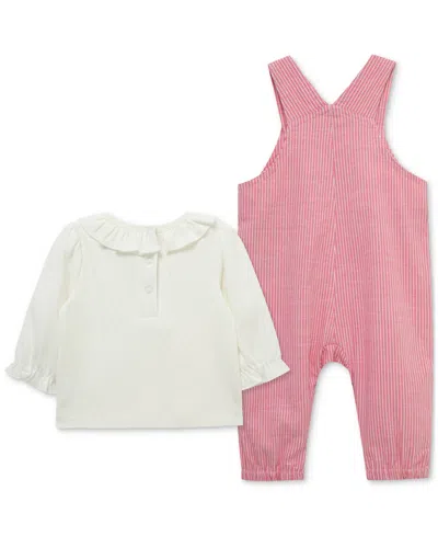 Little Me Baby Girls Ruffled Top & Heart Overall, 2 Piece Set In Pink