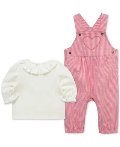 Little Me Baby Girls Ruffled Top & Heart Overall, 2 Piece Set In Pink