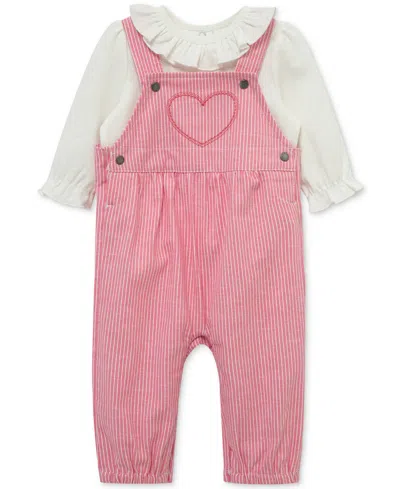 Little Me Baby Girls Ruffled Top & Heart Overall, 2 Piece Set In Pink