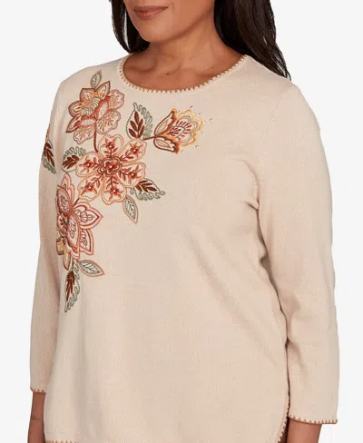Alfred Dunner Plus Size Mount Laurel Asymmetrical Embroidered Flower Sweater In Neutral