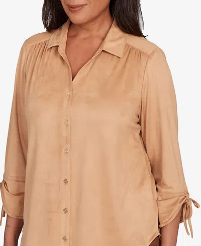Alfred Dunner Plus Size Mount Laurel Button Front Top In Brown