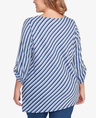 Ruby Rd. Plus Size Textured Stripe Roll Tab Sleeve Top In Blue