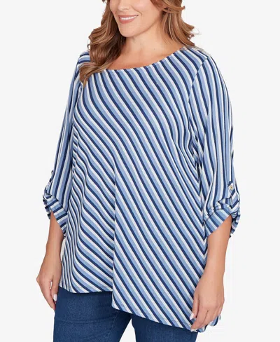 Ruby Rd. Plus Size Textured Stripe Roll Tab Sleeve Top In Blue