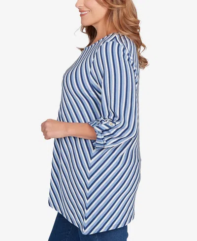 Ruby Rd. Plus Size Textured Stripe Roll Tab Sleeve Top In Blue