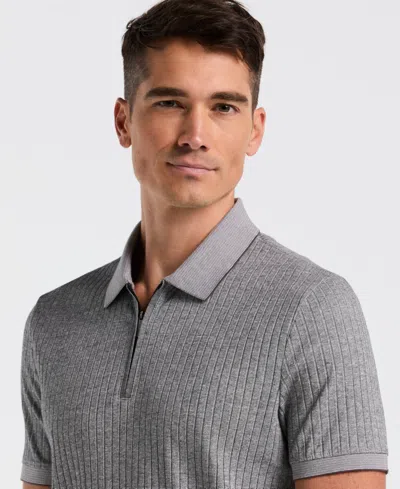 Perry Ellis Men's Ribbed Quarter Zip Heathered Polo In Gray