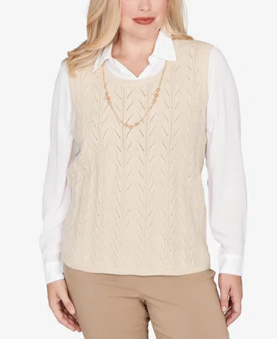 Alfred Dunner Petite Urban Legend Pointelle Texture Two In One Sweater With Necklace In Neutral