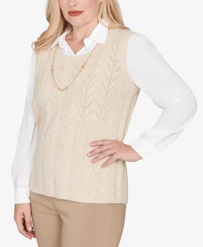 Alfred Dunner Petite Urban Legend Pointelle Texture Two In One Sweater With Necklace In Neutral