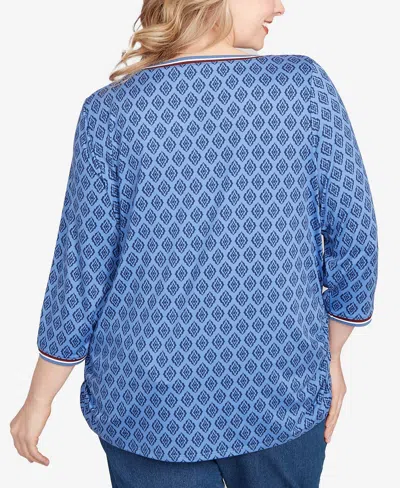 Ruby Rd. Plus Size Stripe Tipped Monotone Textured Top In Blue