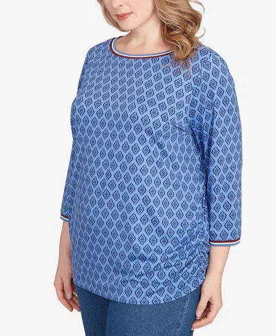 Ruby Rd. Plus Size Stripe Tipped Monotone Textured Top In Blue