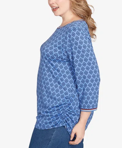 Ruby Rd. Plus Size Stripe Tipped Monotone Textured Top In Blue