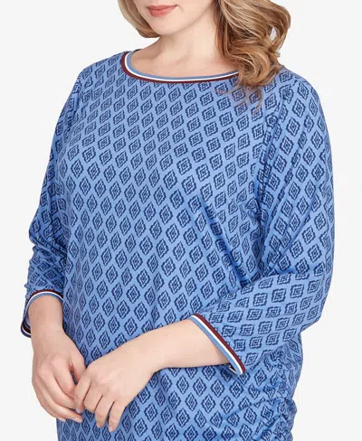 Ruby Rd. Plus Size Stripe Tipped Monotone Textured Top In Blue
