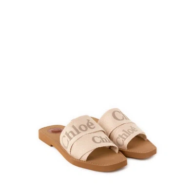 Chloé X High Summer Woody Embroidered Logo Flat Sandals In Nude