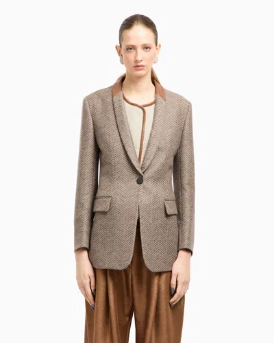 Giorgio Armani Asv Single-breasted Jacket In Chevron Jacquard Virgin Wool And Cashmere In Neutral