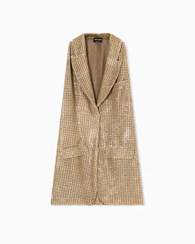 Giorgio Armani Long Jersey Waistcoat With A Flocked Print And Sequins In Brown