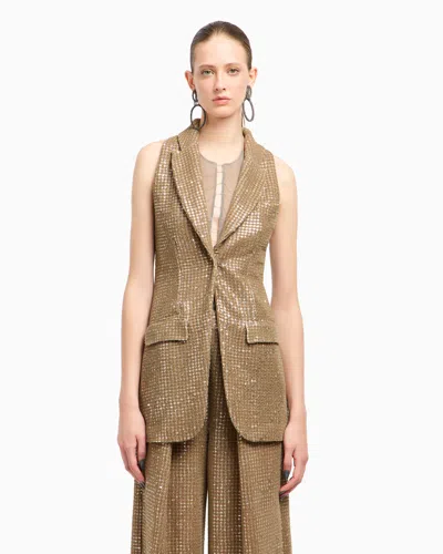 Giorgio Armani Long Jersey Waistcoat With A Flocked Print And Sequins In Brown