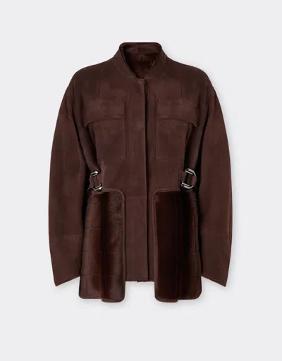 Ferrari Shearling Caban With 7x7 Check Pattern In Brown