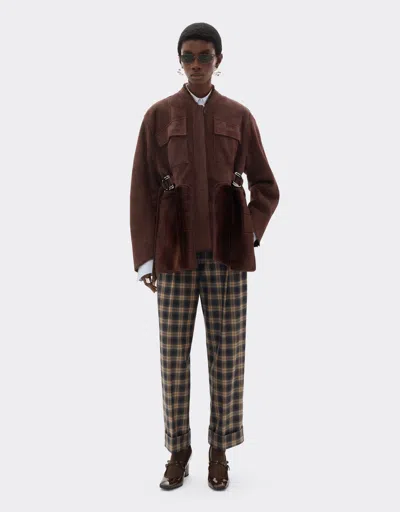 Ferrari Shearling Caban With 7x7 Check Pattern In Brown