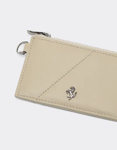Ferrari Leather Card Case With Diagonal Topstitching And Zipper In Gray