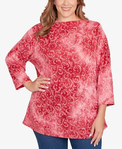 Ruby Rd. Plus Size Tie Dye Scroll Floral Top In Red