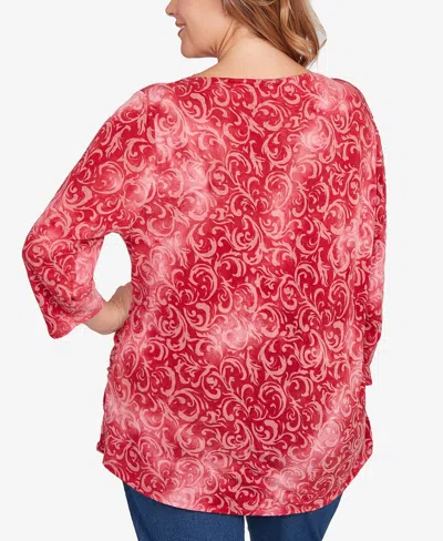 Ruby Rd. Plus Size Tie Dye Scroll Floral Top In Red