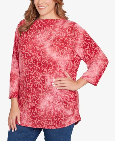 Ruby Rd. Plus Size Tie Dye Scroll Floral Top In Red