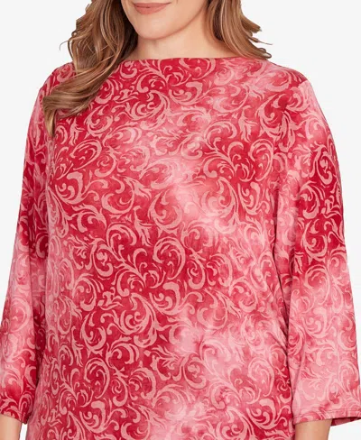 Ruby Rd. Plus Size Tie Dye Scroll Floral Top In Red
