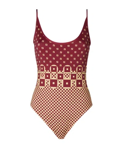 Fendi Micro Patchwork Print Lycra One Piece Swimsuit In Animal Print