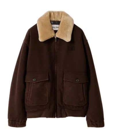 Miu Miu Garment-dyed Wool Blouson With Shearling Collar In Brown