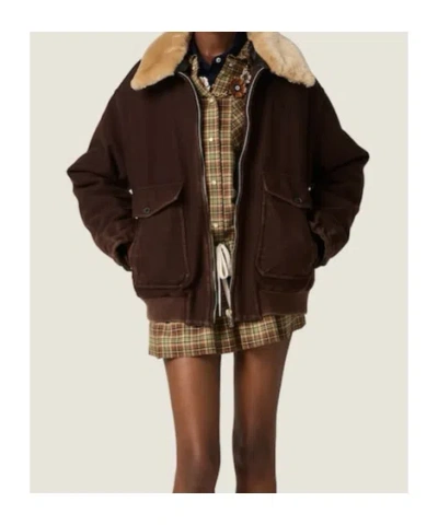 Miu Miu Garment-dyed Wool Blouson With Shearling Collar In Brown