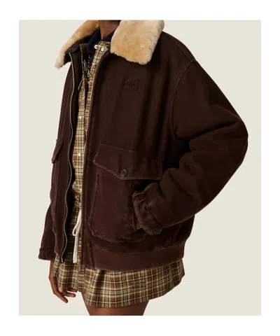Miu Miu Garment-dyed Wool Blouson With Shearling Collar In Brown