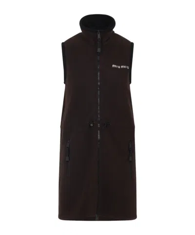Miu Miu Mini Dress With Drawstring Waist And High Collar In Brown