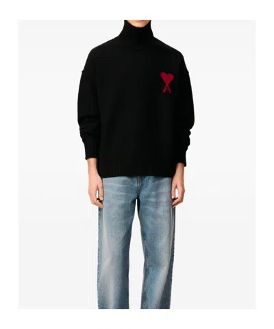 Ami Alexandre Mattiussi Relaxed Fit Black Wool Turtleneck Sweater With Graphic Heart Motif In Black