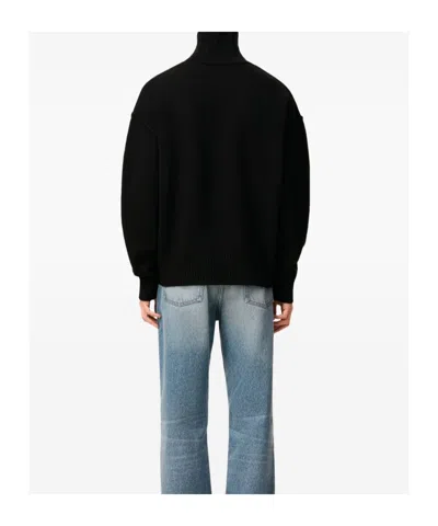 Ami Alexandre Mattiussi Relaxed Fit Black Wool Turtleneck Sweater With Graphic Heart Motif In Black
