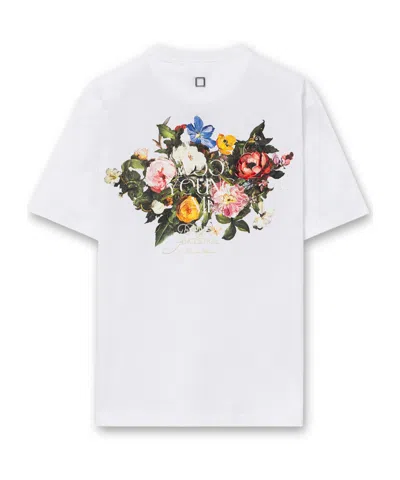 Wooyoungmi White Crewneck T-shirt With Logo Patch On The Front And Floral Motif On The Rear In Cotton Man In White