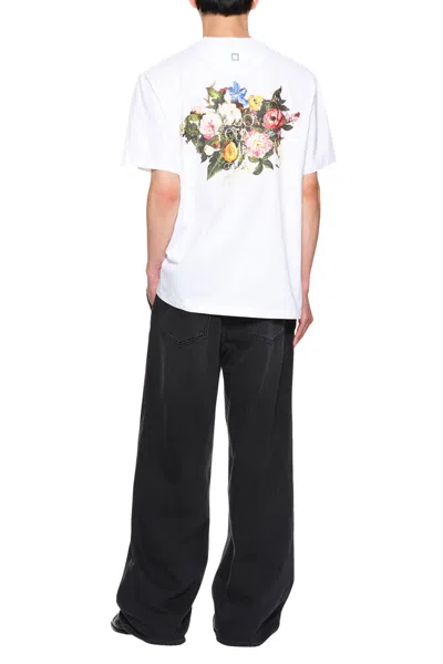 Wooyoungmi White Crewneck T-shirt With Logo Patch On The Front And Floral Motif On The Rear In Cotton Man In White