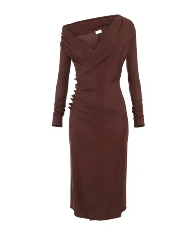 Elisabetta Franchi Brown Draped Midi Dress With Asymmetric Neckline In Viscose Stretch Woman In Brown