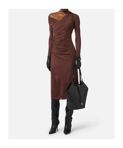 Elisabetta Franchi Brown Draped Midi Dress With Asymmetric Neckline In Viscose Stretch Woman In Brown