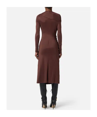 Elisabetta Franchi Brown Draped Midi Dress With Asymmetric Neckline In Viscose Stretch Woman In Brown