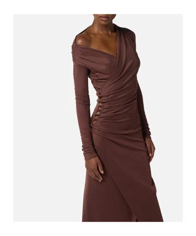 Elisabetta Franchi Brown Draped Midi Dress With Asymmetric Neckline In Viscose Stretch Woman In Brown