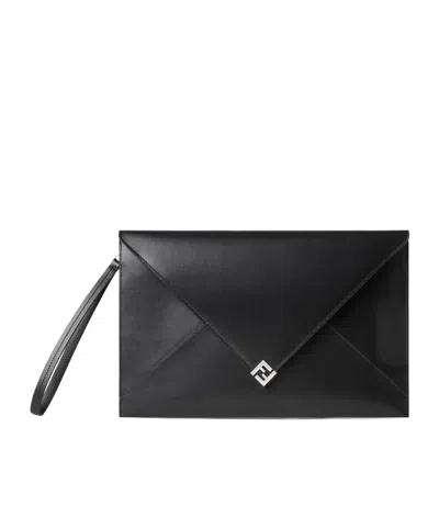 Fendi Large Flat Pouch With Envelope Design And Wrist Strap In Black