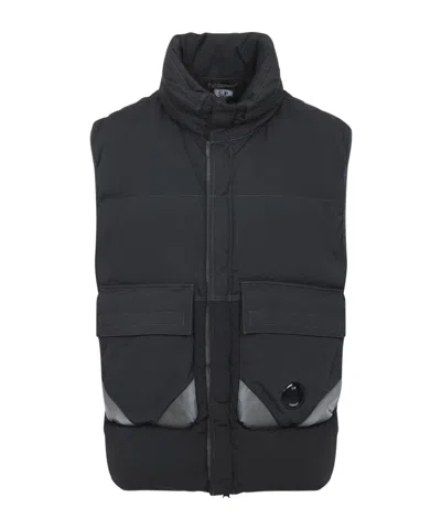 C.p. Company Black Vest With Mock Drawstring Neck And Logo Plaque On The Front In Black