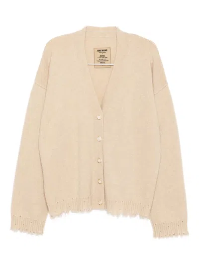Uma Wang Relaxed Fit Cashmere Cardigan With V-neckline And Distressed Edges In Neutral