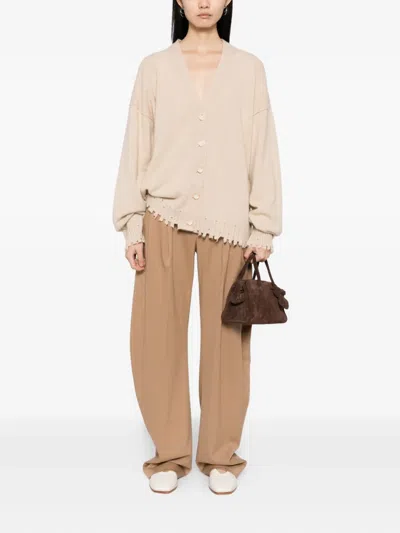 Uma Wang Relaxed Fit Cashmere Cardigan With V-neckline And Distressed Edges In Neutral
