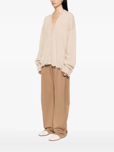 Uma Wang Relaxed Fit Cashmere Cardigan With V-neckline And Distressed Edges In Neutral
