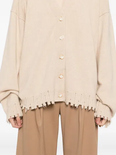 Uma Wang Relaxed Fit Cashmere Cardigan With V-neckline And Distressed Edges In Neutral