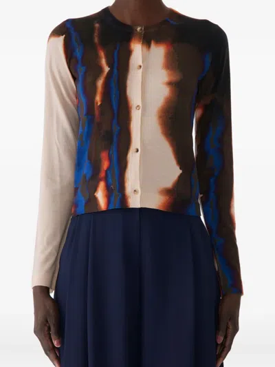 Jason Wu Collection Burned Striped Wool Crewneck Cardigan Sweater In Multi