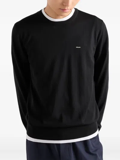 Prada Crew Neck Sweater In Combed Wool In Black