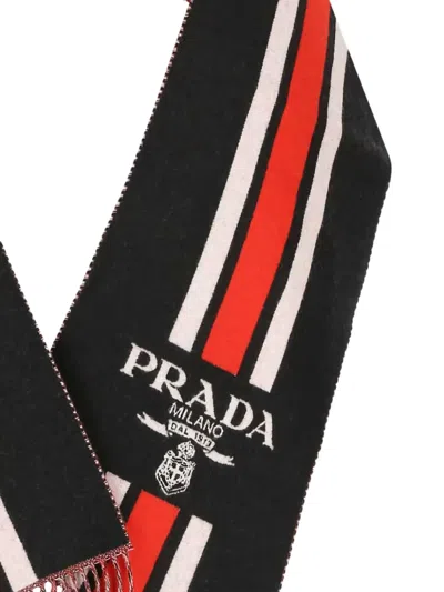Prada Black Embroidered Wool Scarf In Neutral