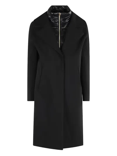 Herno Double-breasted Wool Coat Technical Bib In Black
